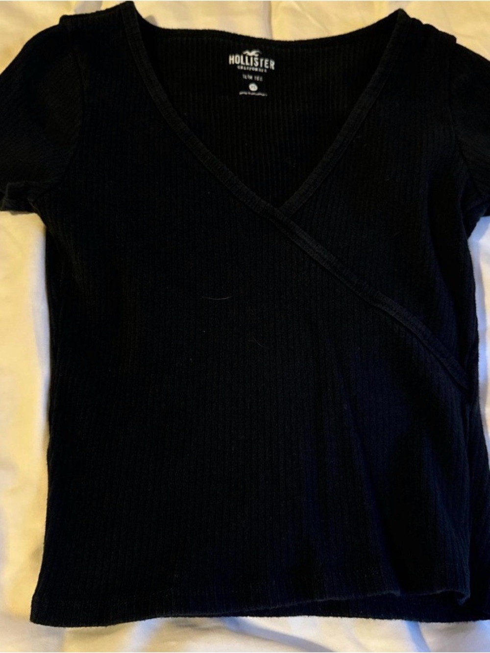Hollister Black Ribbed Wrap-Front V-Neck Top